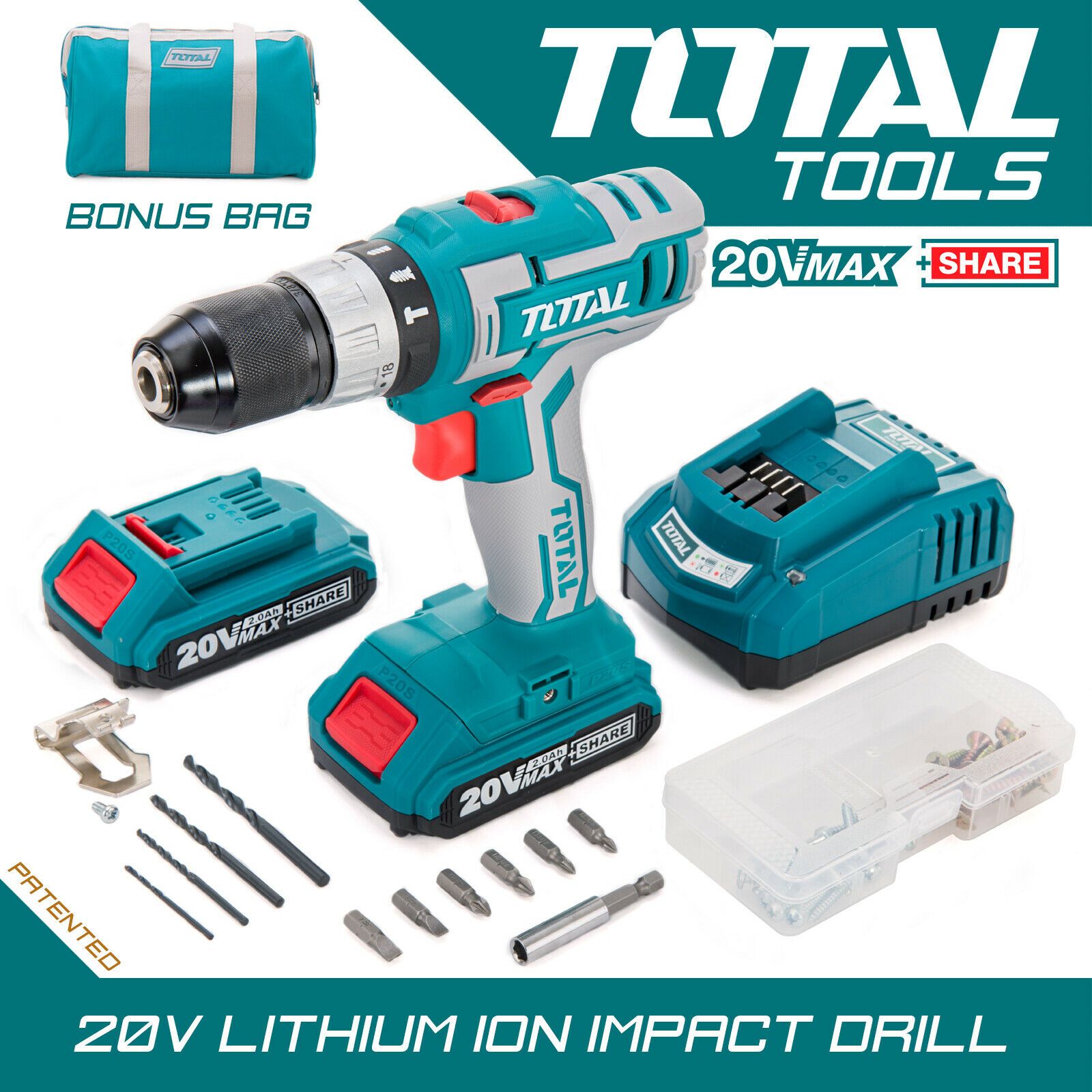 Total Tools Cordless Impact Drill v 2 0ah Li Ion Battery 50pc Accessories
