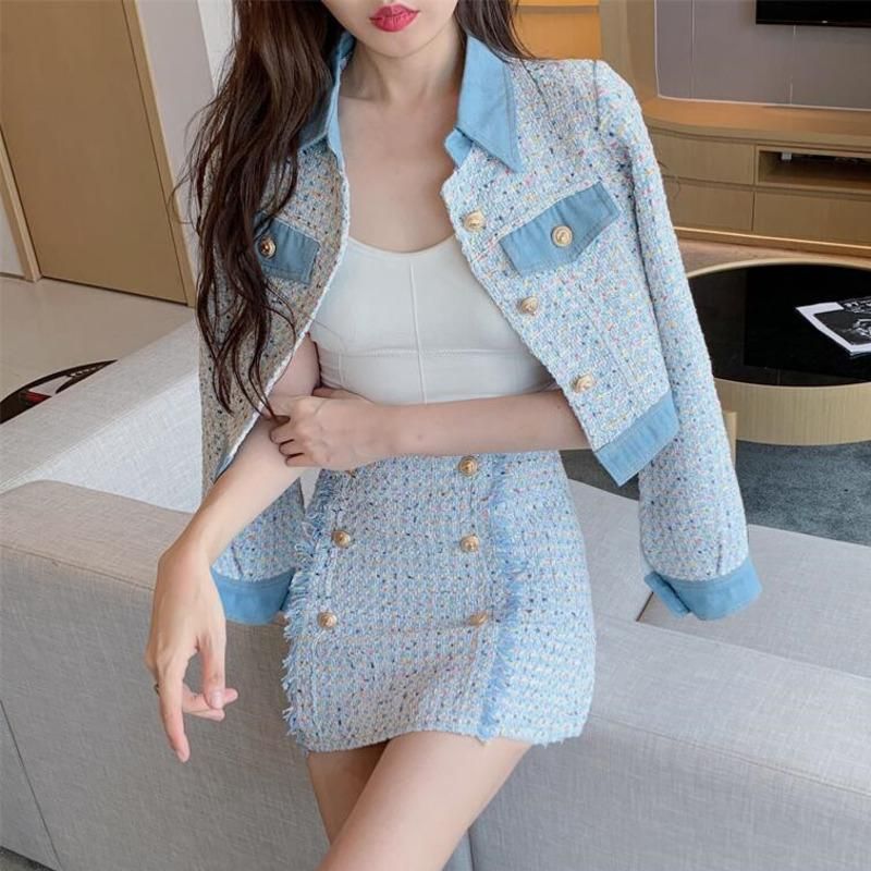 Fashion Small Fragrance Tweed Two Piece Set Women Crop Top Bow