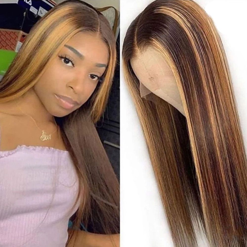 Ombre Highlight Straight Human Hair Wigs Middle Part, Honey Blonde Brown Deep Parting Remy Hair Wig Ombre Highlight Straight Human Hair Wigs Middle Part, Honey Blonde Brown Deep Parting Remy Hair Wig