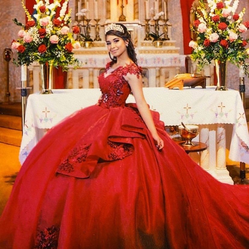 Vestidos de XV Años Burgundy Rojo Quinceañera Vestidos con flores 3D encaje  encaje vestido bola dulce
