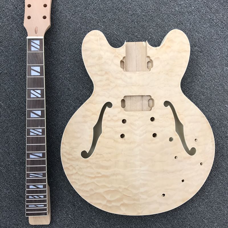 DIY Electric Guitar Kit, Semi Hollow Body With Quilted Maple Top Unfinished Jazz Guitar Kit With