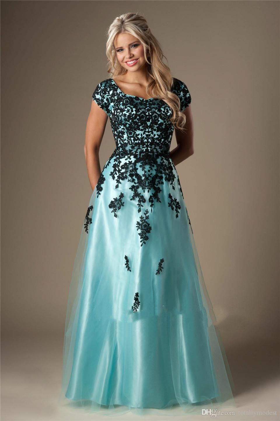 Mint And Black Lace Tulle Long Modest 