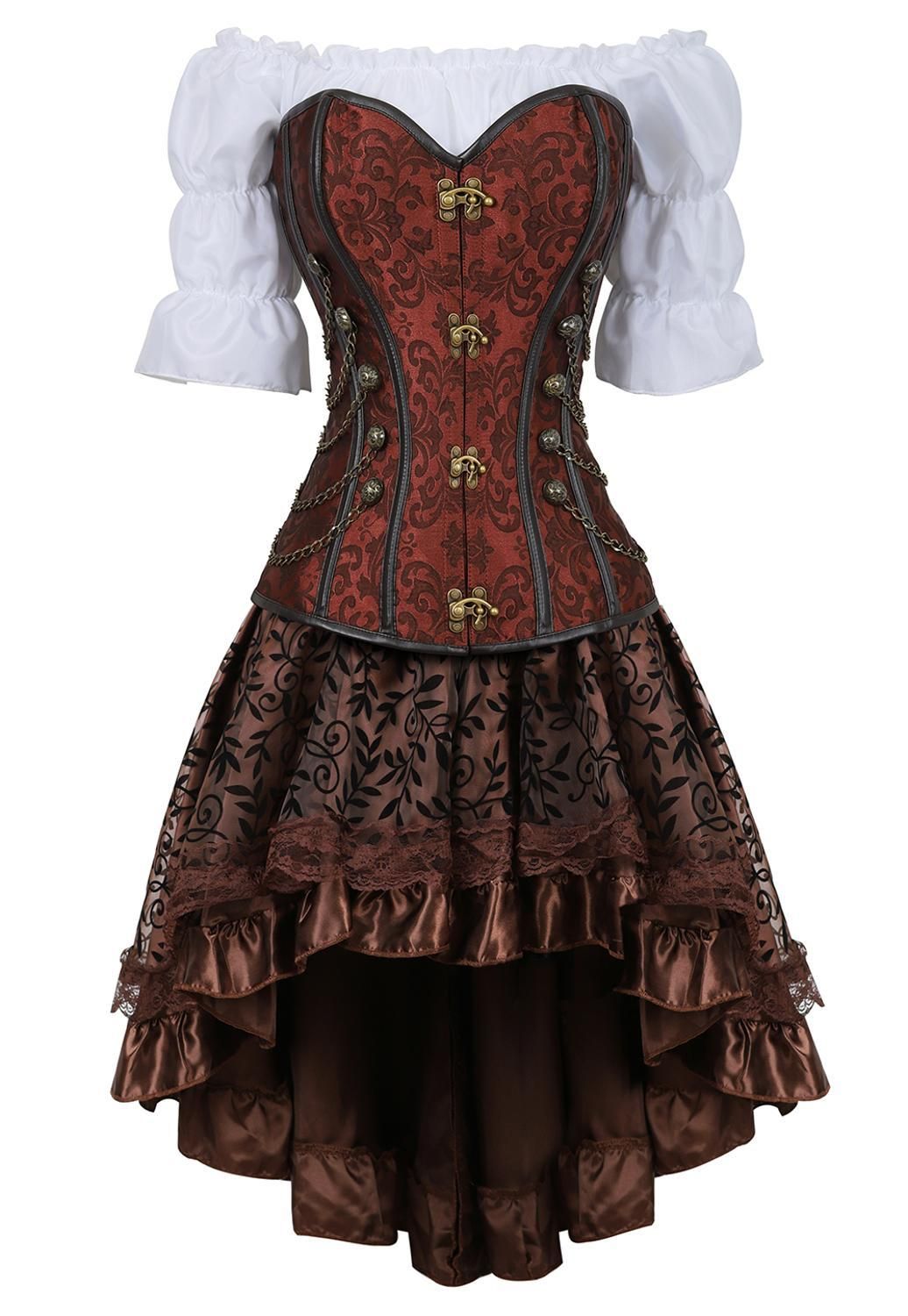 2021 Skirt Leather Dress Bustiers Corset Steampunk Pirate Lingerie Corsetto Irregular Burlesque