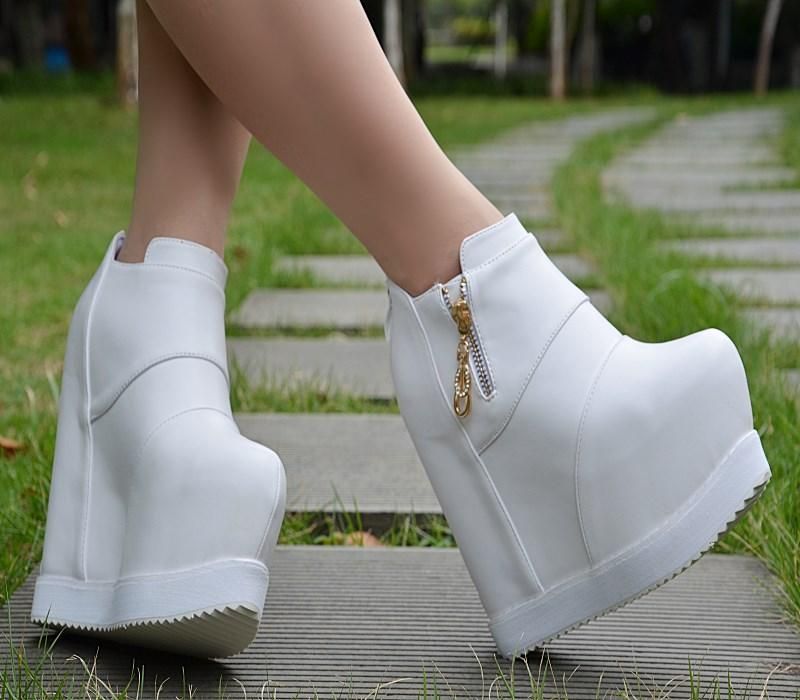 Botas 15 cm Tacón alto Cuñas Tobillo Mujeres Plataforma Cerrar Toe Back Cremallera Botines Sexy