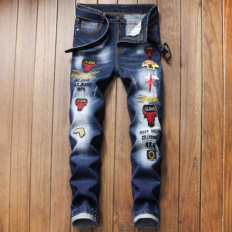 Compra Kimsere Moda Para Hombre Pantalones Bordados Con Parches Hi Street  Stretch Denim Planchas Streetwear Ripped Jeans Lavado Azul Barato | Entrega  Rápida Y Calidad | Es.Dhgate