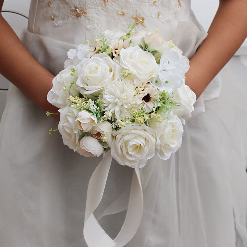 Blanc rond Bouquet de mariée Bouquets de mariée Simulation Roses Broche à  la main Broche de