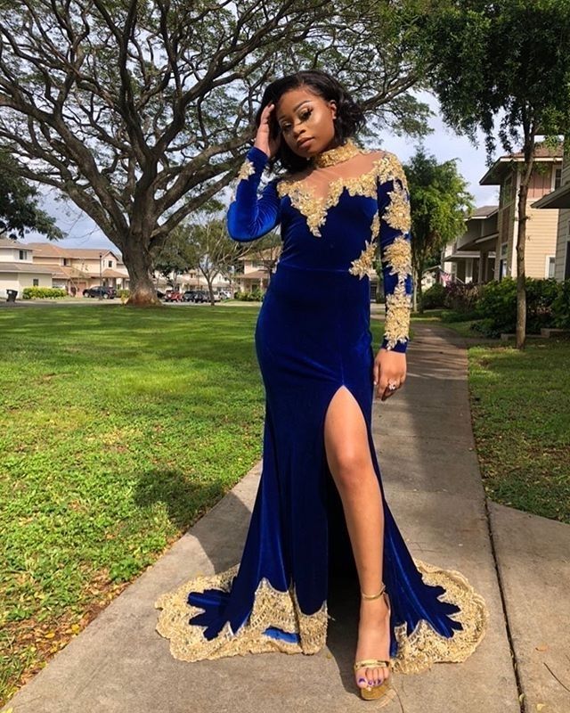 Royal Blue Velvet Mermaid Prom Gown Leg 
