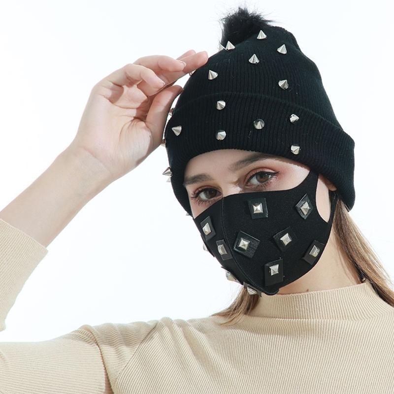Spiky Studded Warm Pompom Beanie Hat 