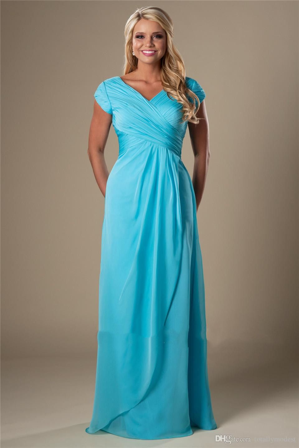 Blue Chiffon Modest Bridesmaid Dresses With Cap Sleeves Long Floor ...