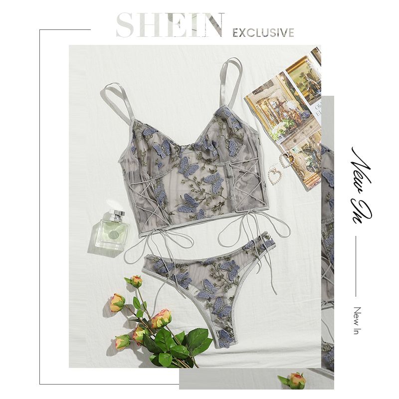 Compra SheIn Mariposa Patrón Bordado Malla Lencería Conjunto Mujeres  Románticas Intimates Lace Up Long Bralettes Y Tangos Sexys Sexy C1212  Barato | Entrega Rápida Y Calidad | Es.Dhgate