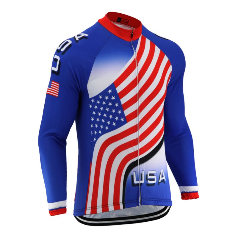 New USA Flag Cycling Jersey Mens Team Road Mountain Bike Clothing Long Sleeve Thermal Winter