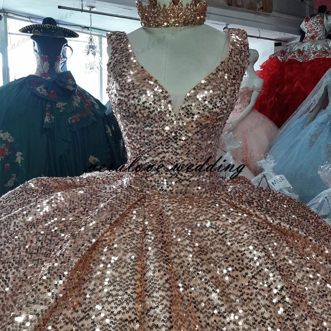 Rose Pink Gold Sequined Quinceanera Party Dresses Sweet 16 Dress Ruffles Skirt vestidos de 15 años Rose Pink Gold Sequined Quinceanera Party Dresses Sweet 16 Dress Ruffles Skirt vestidos de 15 años