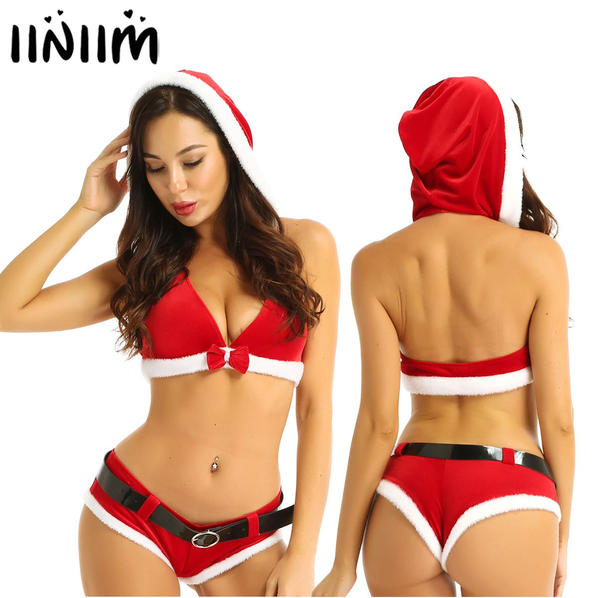 Navidad Sexy Outfit Red Navidad Lencería Conjunto Mujeres Santa Sujetador Mini Botty
