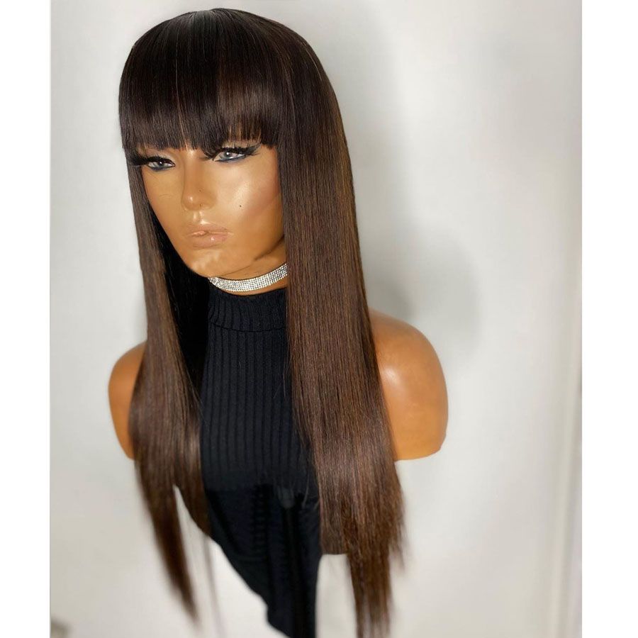 Mongolian Silky Straight Ombre Laces Front Human Hair Wigs with Bangs 180Density Chocolate Brown Glueless Full Mongolian Silky Straight Ombre Laces Front Human Hair Wigs with Bangs 180Density Chocolate Brown Glueless Full