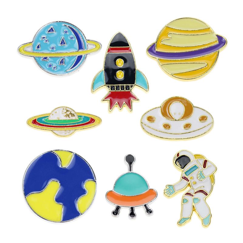 Dibujos animados astronauta nave espacial cohete broche pins conjunto divertido uvo planeta aleación pintura broches para Dibujos animados astronauta nave espacial cohete broche pins conjunto divertido uvo planeta aleación pintura broches para