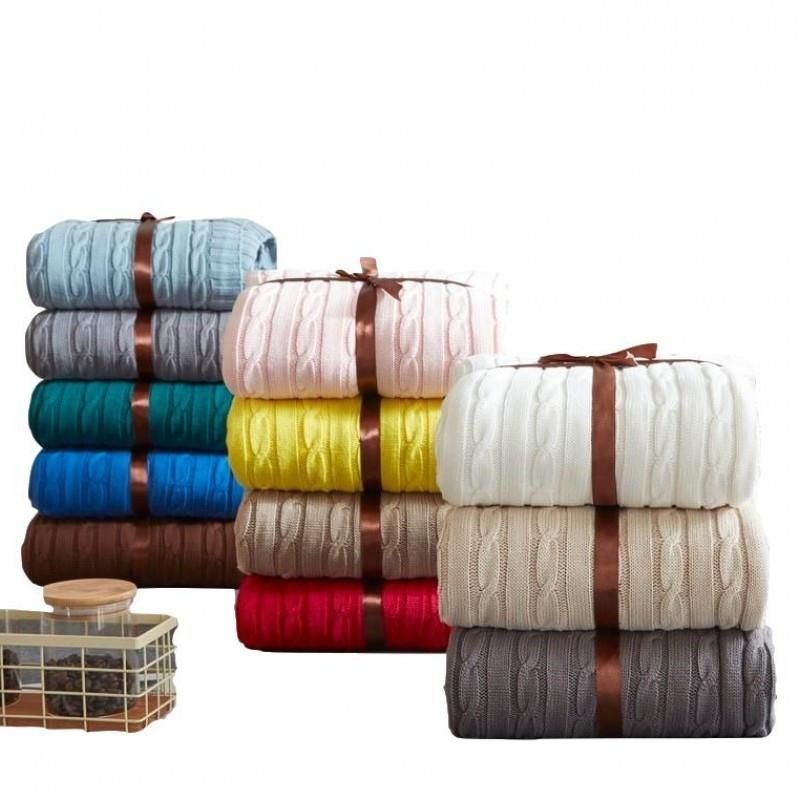 Nordic Twisted Cotton Blanket Pink Green Gray Cotton Knit Twist Soft