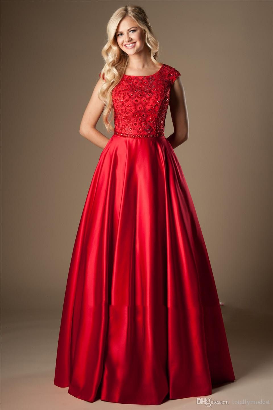 Red Satin Long Modest Prom Dresses 2020 ...