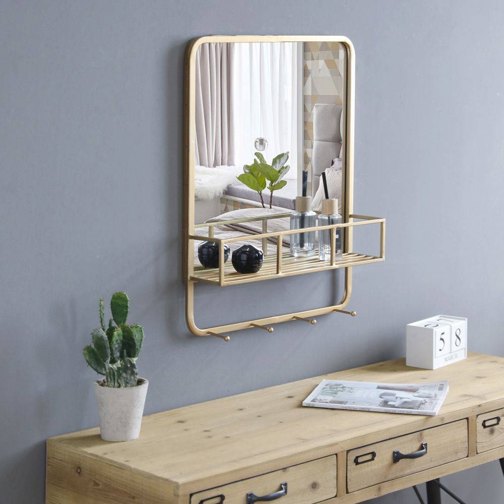 25 Inch Indoor Wrought Iron Wall Mounted Flat Mirror With Shelf With Hooks Rectangular Bathroom
