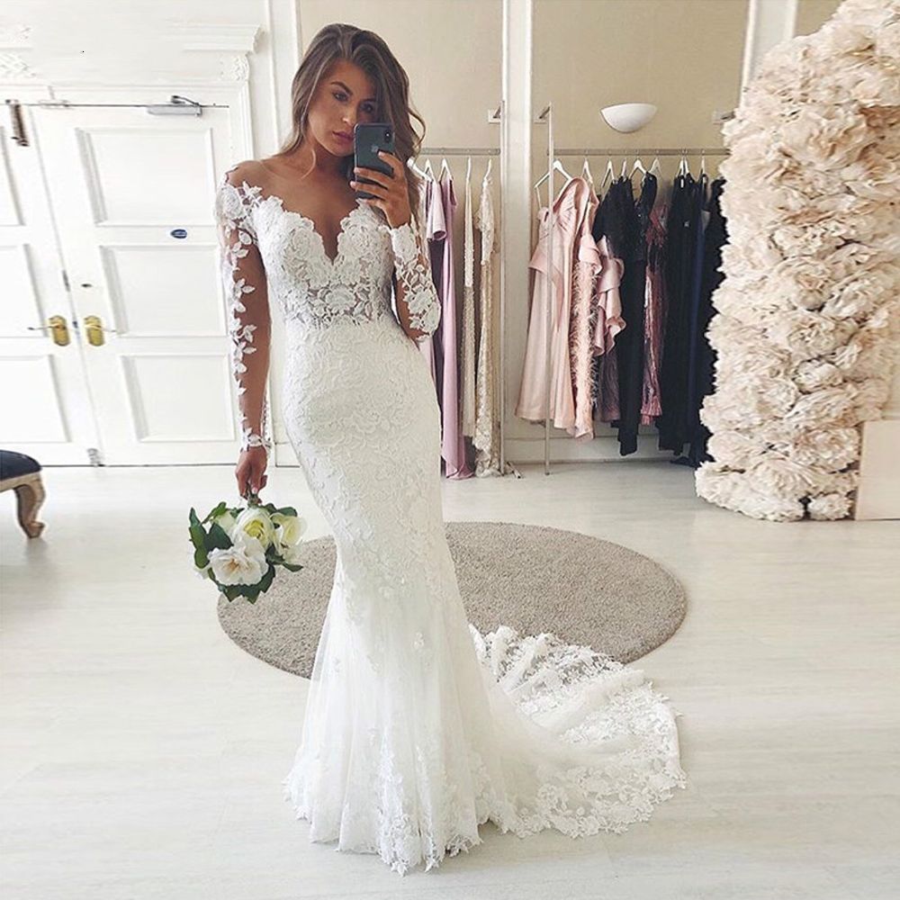 White Lace Wedding Dresses Mermaid 