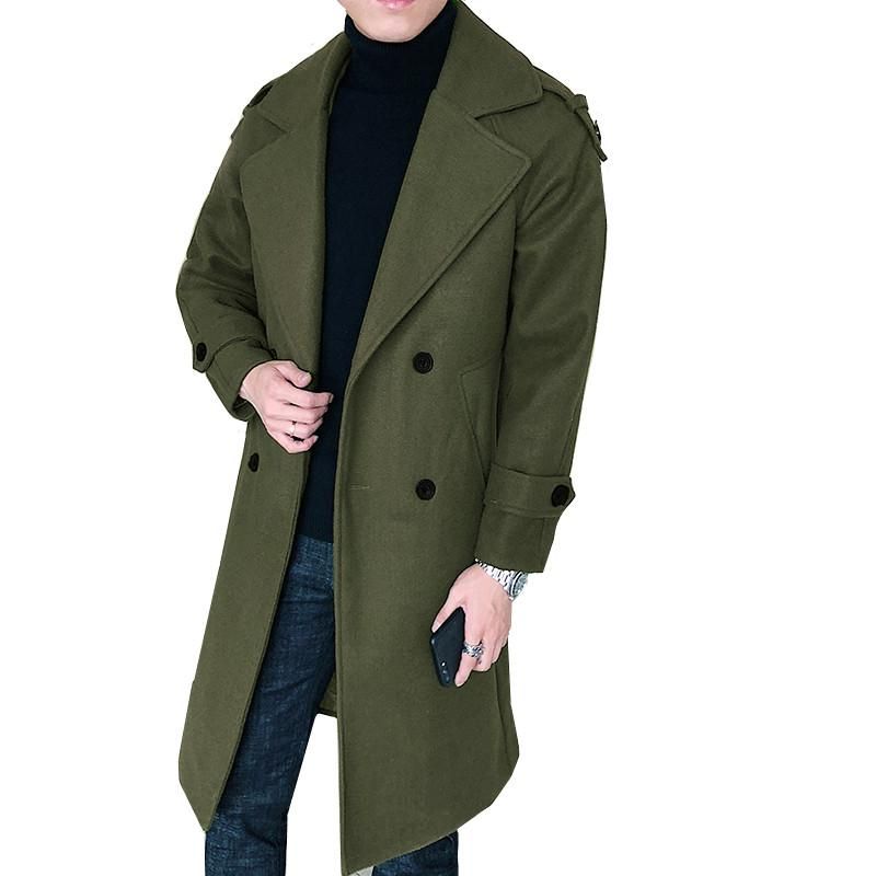 Мужская шерстяная смесь в стиле мода модная траншея пальто мужчины средняя длинная ветровка двойной погружной классический сплошной цвет густой теплой повседневная куртка