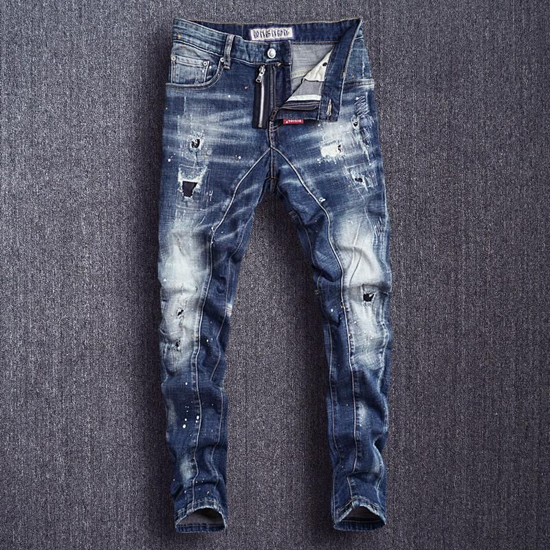 De Beste Kwaliteit Heren Jeans Italiaanse Stijl Mode Mannen Slim Fit  Spliced \u200b\u200bdesigner Ripped Punk Broek Hoge Kwaliteit Vernietigde Hiphop  Tegen Een Goedkope Prijs, Online Heren Jeans |DHgate