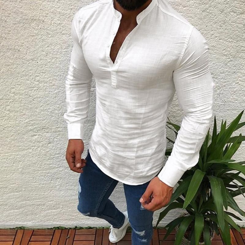 2021 Mens Shirts Cotton Linen Shirt Men Long Sleeve V Neck Button Up