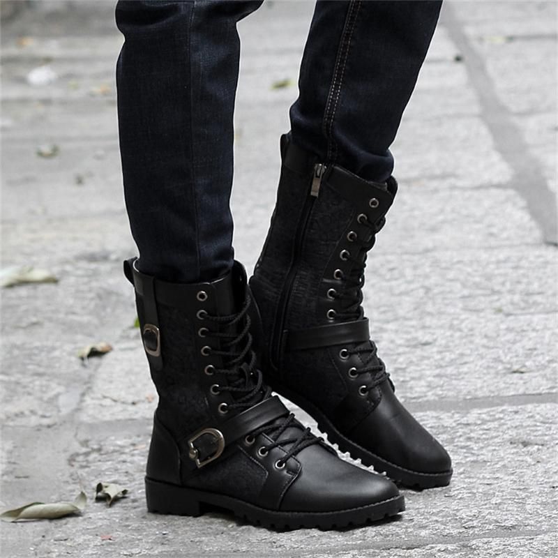 Laarzen gothic punk stijl heren herfst en winter hoge mode motorfiets ronde  neus veter-up dikke