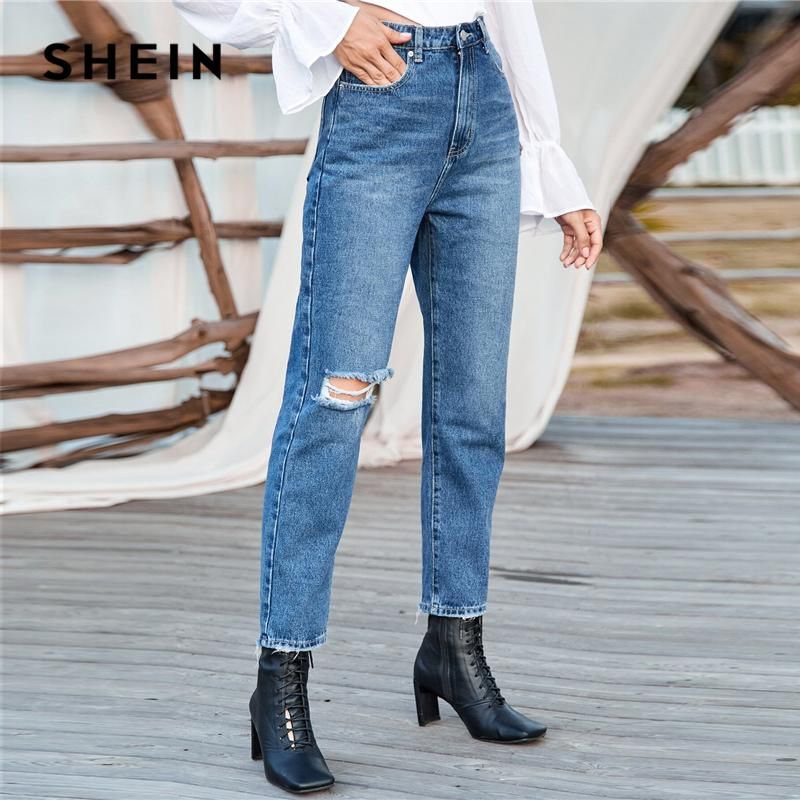 Compra Jeans Mujeres SheIn SheIn Lavado Medio Tarjeta De Cintura Alta  Bolsillo Remado Mujeres Autumn Cremallera Largo Denim Pantalones Damas  Zanahoria Casual Barato | Entrega Rápida Y Calidad | Es.Dhgate