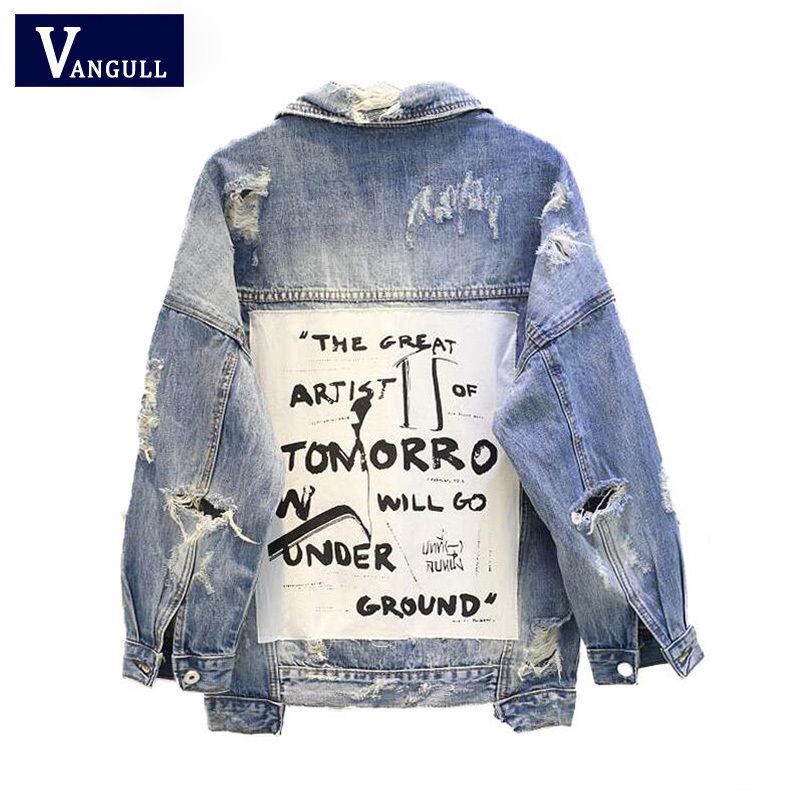 Vangull 2019 nueva letra vintage impresión con deshecho jean chaqueta mujer otoño invierno arrancado perjudicado
