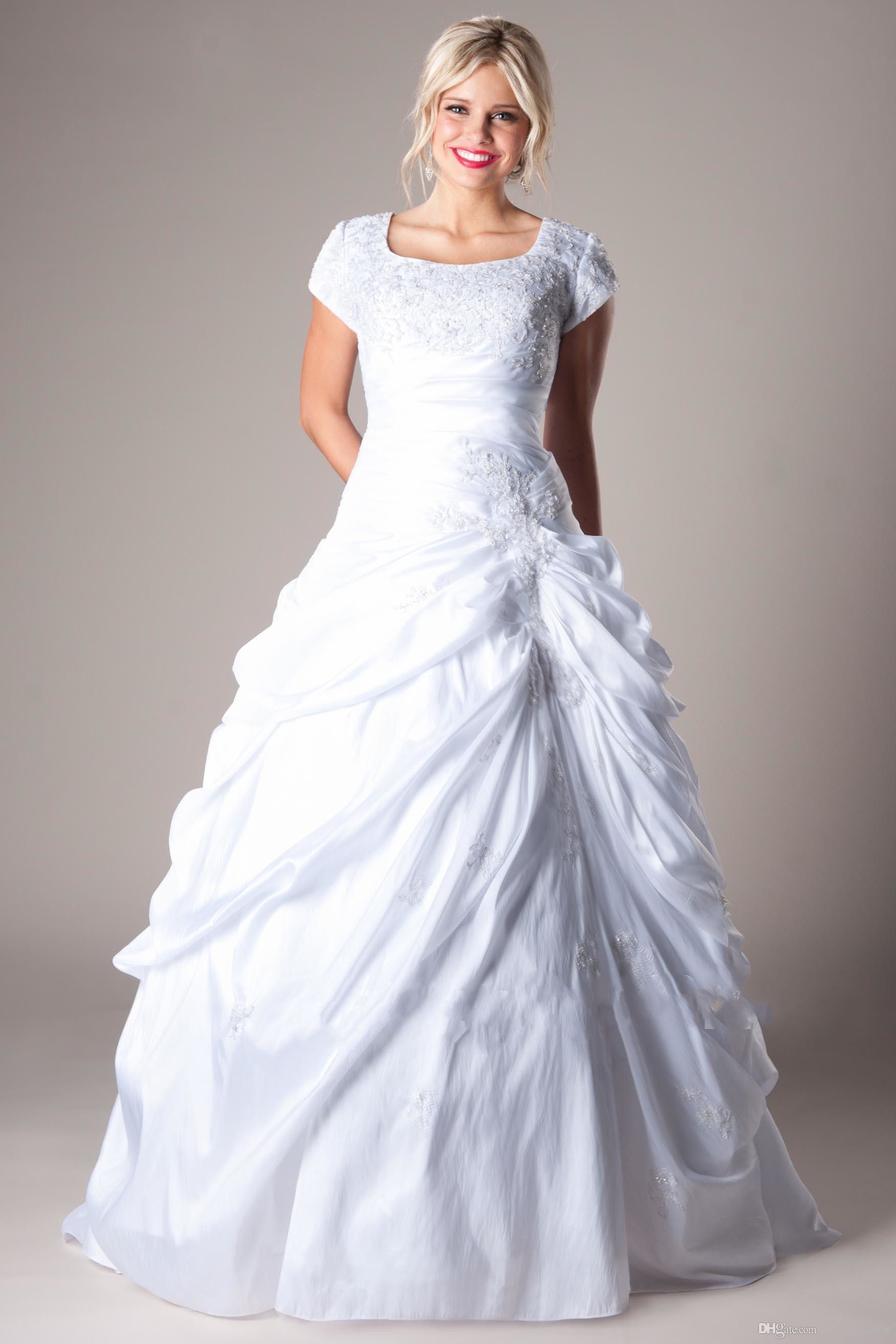 Classic White Ball Gown Modest Wedding Dresses Cap Sleeves Taffetea ...