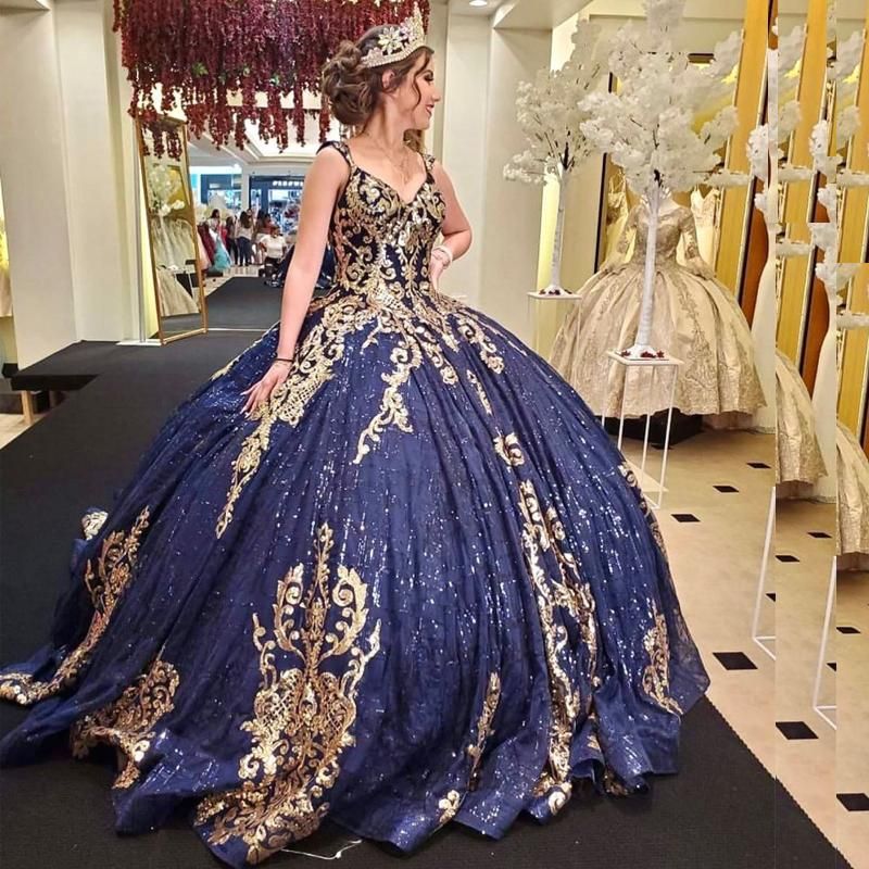 Navy Blue Sequined Appliques Quinceanera Dresses V Neck Gold Sequin ...