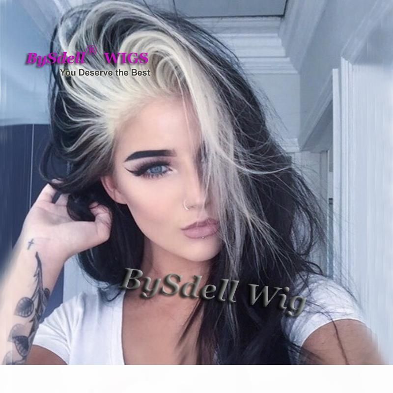 Long Straight Smooth Hair Highlight Blonde Dark Black Color Wig Synthetic Heat Resistant Lace Front Wigs for Fashion Black White Lady Long Straight Smooth Hair Highlight Blonde Dark Black Color Wig Synthetic Heat Resistant Lace Front Wigs for Fashion Black White Lady