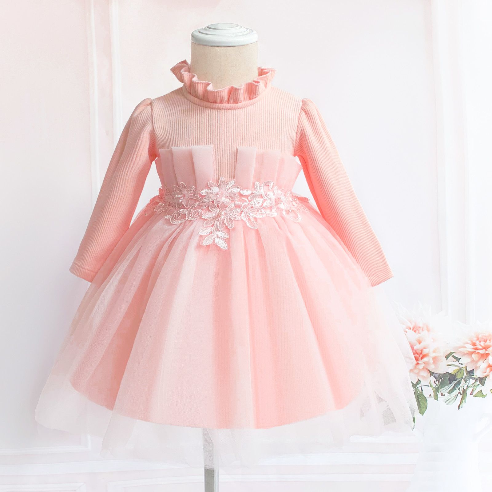 Nuevo significado Sin sentido limpiador Vestido de cumpleaños de 1 año para niñas Pink Lace Baxtismo vestido de manga  larga Baby