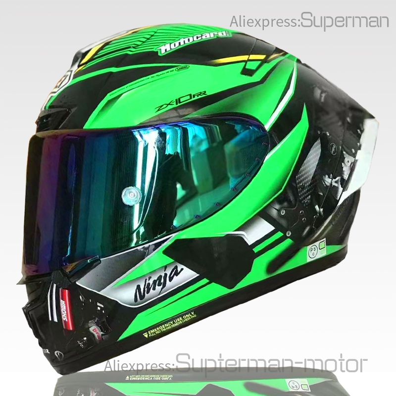 Full Face X14 Kawasa KKI Casco de motocicleta verde Anti-niebla Visera Hombre Montar