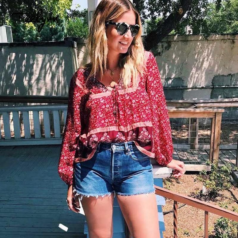 Boho Blusa 2018 Otoño Rojo Blusas Sexy Cuello en V Manga larga Bohemia