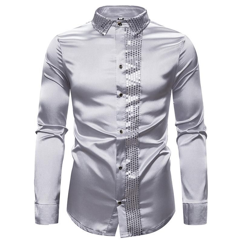 2021 Shiny Silver Sequin Glitter Embellished Slim Fit Shirt Men 2020 ...