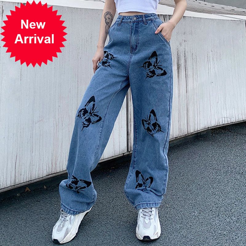 2020 Nieuwe Retro Jeans Dames Broek Denim Vrouwen Straat Stijl Butterfly Print Hoge Taille