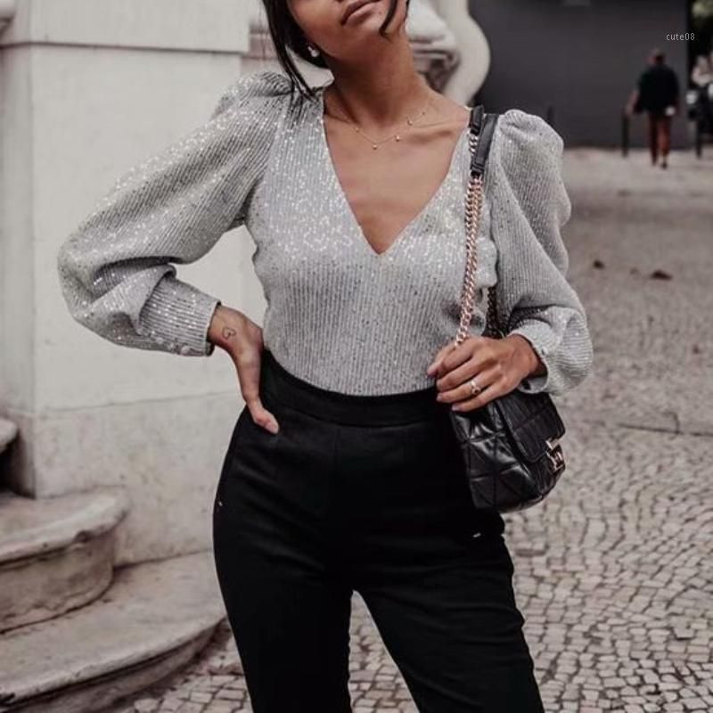 Blusas de mujer camisas puwd mujer vendimia lentejuelas lentejuelas en v primavera elegante