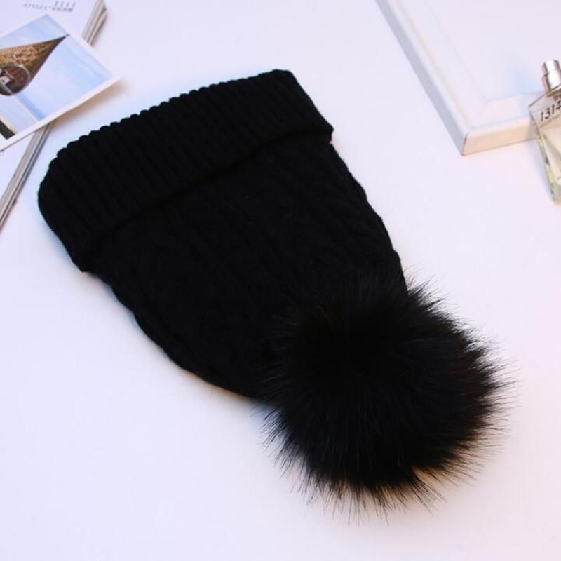 Women Winter Knitted Beanie Hat Faux Fuzzy Fur Pom Pompom Hats Knit ...