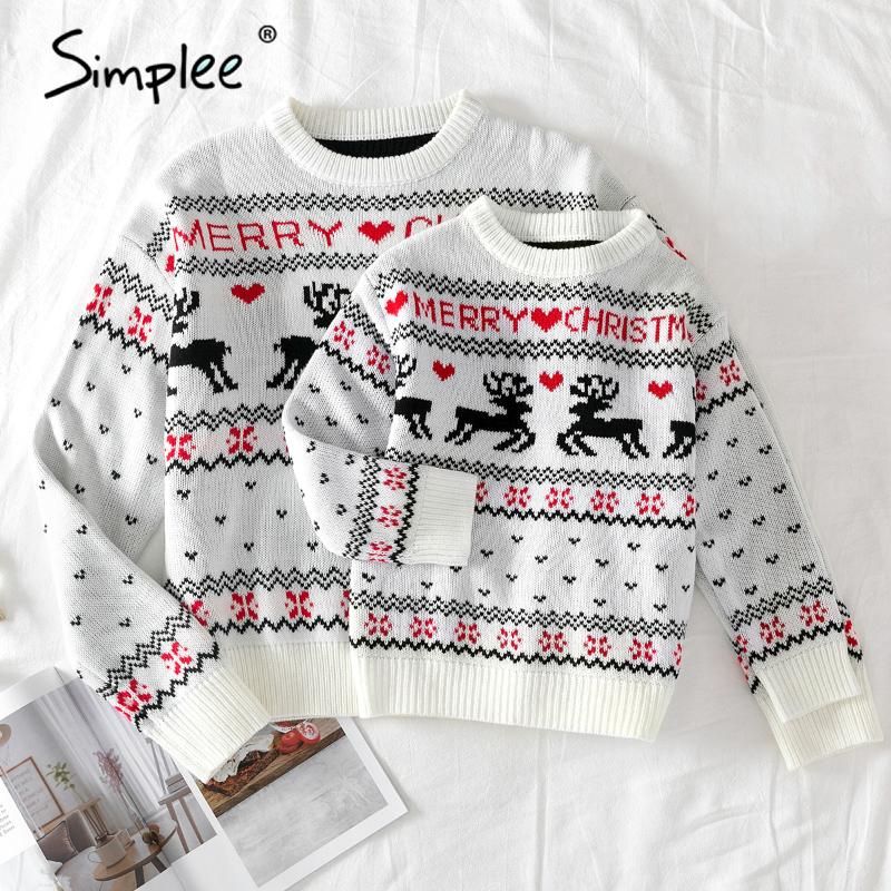 Simplee O Neck Christmas Sweater Family Matching Outfits Autumn Winter Christmas Deer Print 