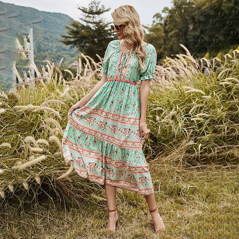 Vestido Midi Verano Para Mujer Boho Manga Corta Vestidos Con Volantes Vendaje Estampado Floral De 16,45 € DHgate