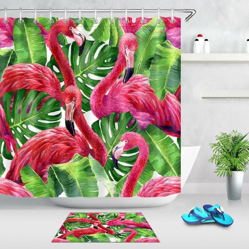 Tropical Flowers Leaves Flamingo Fabric Shower Curtain Set Bathroom Decor Hooks