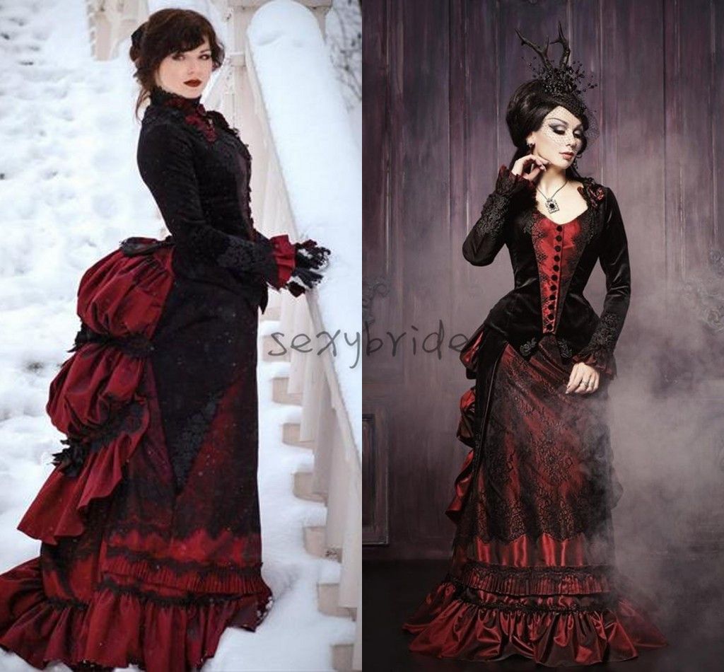 Vintage gótico negro y rojo oscuro vestido de noche formal mangas largas  volantes rurales corsé vestidos de fiesta medieval victorian masquerade  vestido de ocasión especial