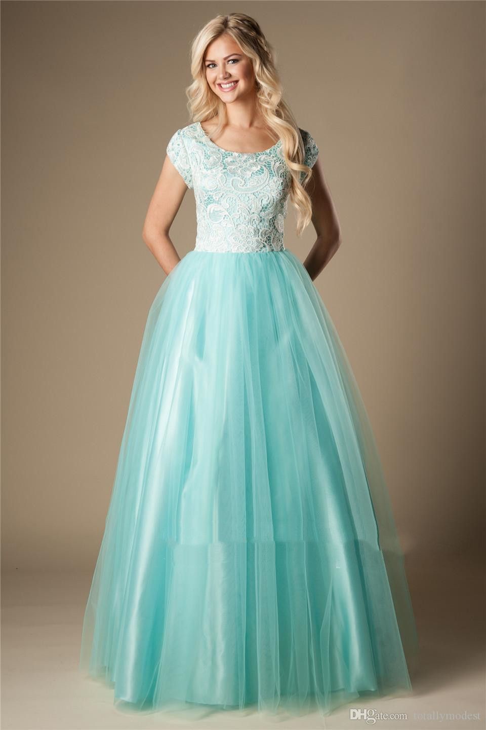 Mint Lace Tulle Modest Prom Dresses 