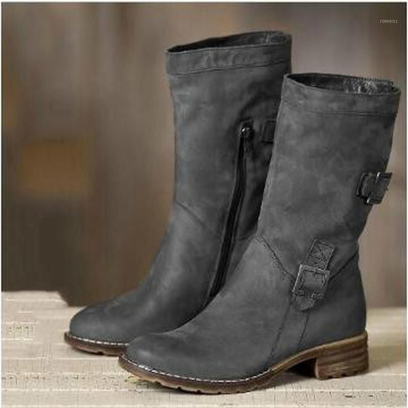 Grey mid calf boots low heel Clearance