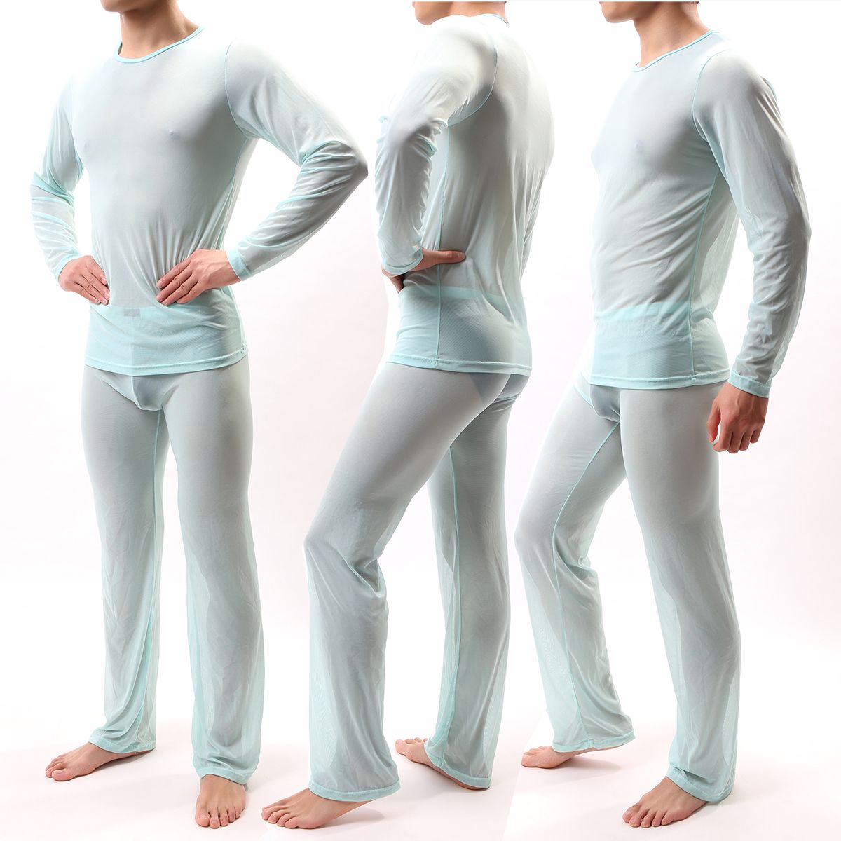 Mens Sleepwear Online Sale Sexy Men Pajamas Sets See Through Ice Silk T Shirts No Seaming Tee 