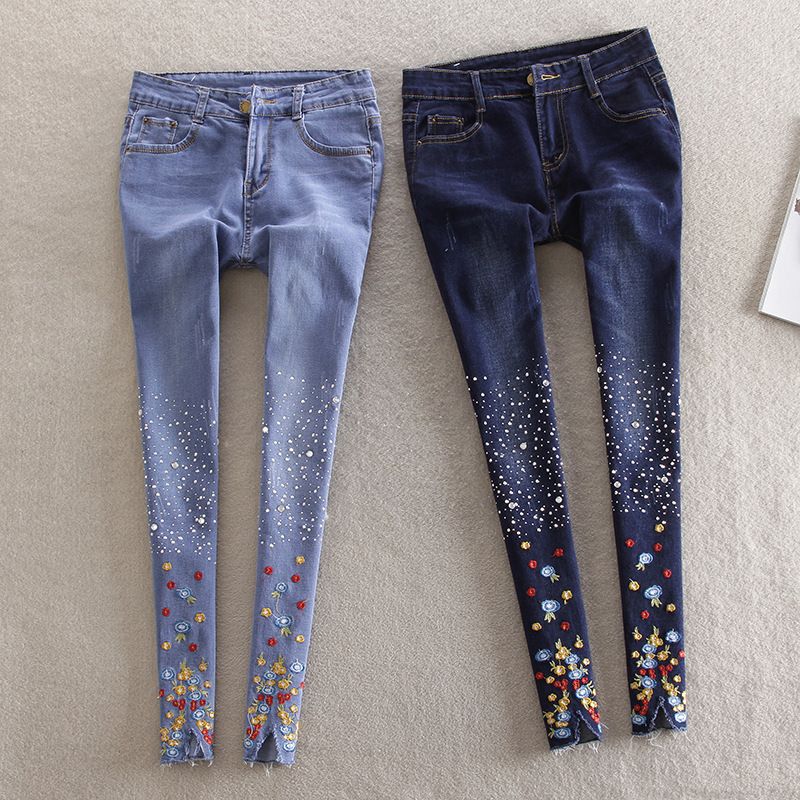 Modelos de primavera New Diamond Bordado Jeans Flores para mujer  Lentejuelas Bordadas Pies Bordados Lápiz Pantalones