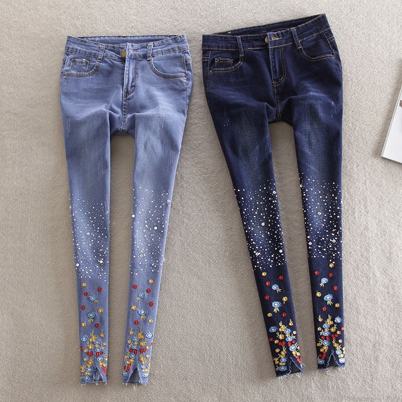 Modelos de primavera New Diamond Bordado Jeans Flores para mujer Lentejuelas Bordadas Pies Bordados Lápiz Pantalones Modelos de primavera New Diamond Bordado Jeans Flores para mujer Lentejuelas Bordadas Pies Bordados Lápiz Pantalones