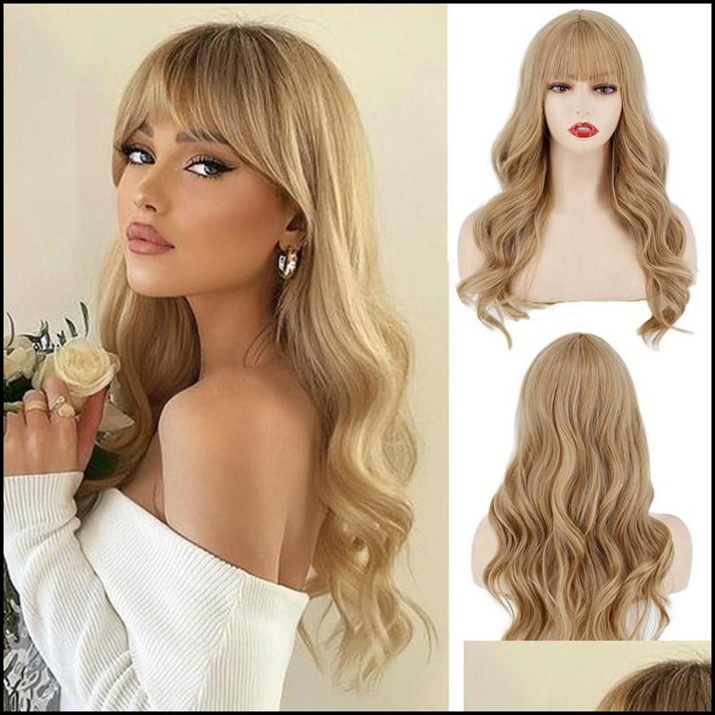 Synthetic Wigs Hair Products Blonde Wig With Bangs Long Wavy Ombre Curtain  Bang For White Women Light Blond Dark Roots Heat Resistant Nat Dr