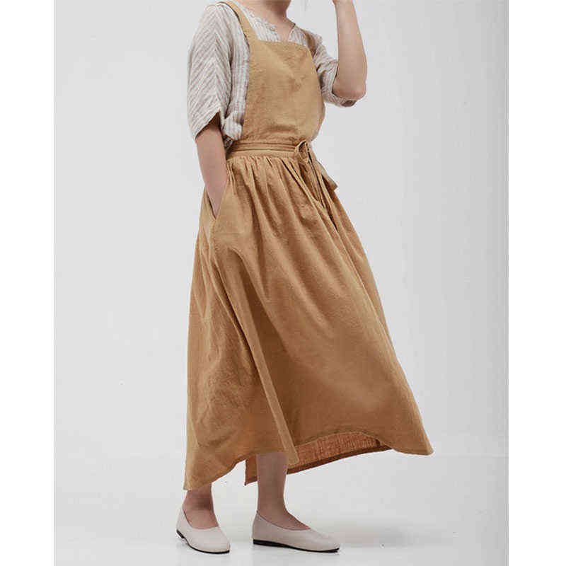 Japanese Apron Pinafore Dress Fashion Korean Work Gown Apricot With ...